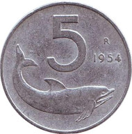 Монета 5 лир. 1954 год, Италия. Дельфин. Судовой руль. Монета 5 лир. 1954 год, Италия. Дельфин. Судовой руль.