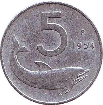 Монета 5 лир. 1954 год, Италия. Дельфин. Судовой руль.