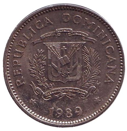 Монета 5 сентаво. 1989 год, Доминиканская Республика. Монета 5 сентаво. 1989 год, Доминиканская Республика.