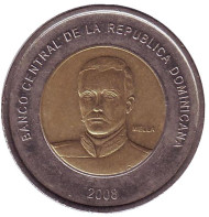Монета 10 песо. 2008 год, Доминиканская Республика. Монета 10 песо. 2008 год, Доминиканская Республика.