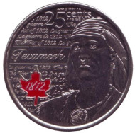 Монета 25 центов. 2012 год, Канада. (цветная) Текумсе. Монета 25 центов. 2012 год, Канада. (цветная) Текумсе.