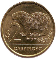 Монета 2 песо. 2012 год, Уругвай. UNC. Водосвинка (капибара). Монета 2 песо. 2012 год, Уругвай. UNC. Водосвинка (капибара).