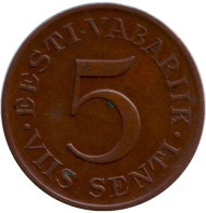 Монета 5 сентов. 1931 год, Эстония. Монета 5 сентов. 1931 год, Эстония.