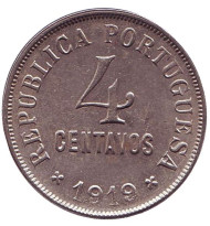 Монета 4 сентаво. 1919 год, Португалия. Монета 4 сентаво. 1919 год, Португалия.