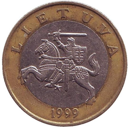 Монета 2 лита. 1999 год, Литва. Из обращения. Рыцарь.