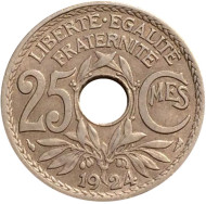 Монета 25 сантимов. 1924 год, Франция.