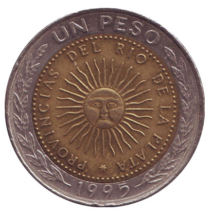 Монета 1 песо. 1995 год, Аргентина. ("A" - Тэджон, Южная Корея)