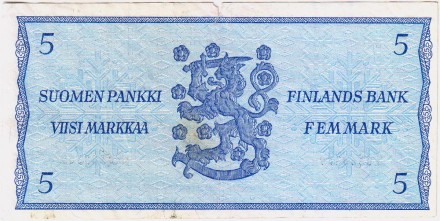 Банкнота 5 марок, 1963 год, Финляндия. P-106Aa(1). Банкнота 5 марок, 1963 год, Финляндия. P-106Aa(1).