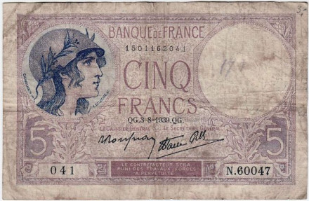 Банкнота 5 франков. 1939 год, Франция. Состояние - F.