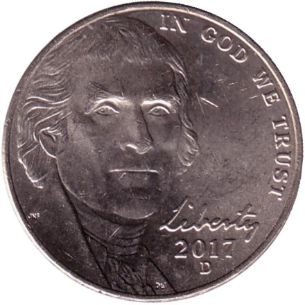 Монета 5 центов. 2017 год (D), США. Монтичелло.