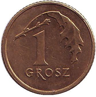 Монета 1 грош, 2014 год, Польша. (старый тип) Дубовый лист.