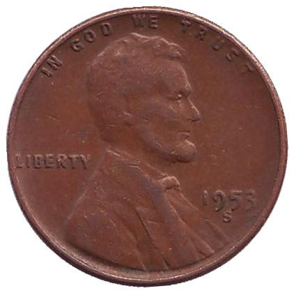 Монета 1 цент. 1953 год (S), США. Линкольн.