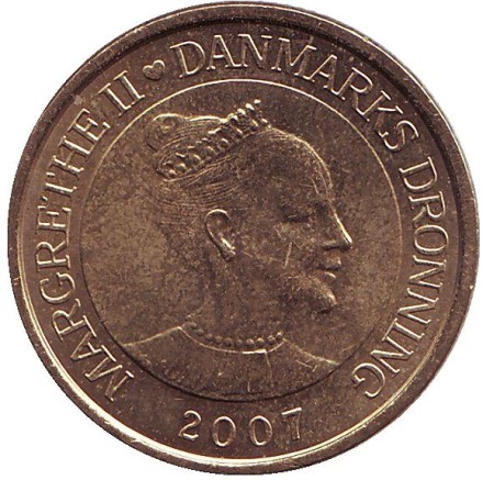 Монета 20 крон. 2007 год, Дания. Башня Ратуши в Копенгагене.