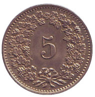 Монета 5 раппенов. 1885 год, Швейцария.