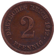 Монета 2 пфеннига. 1912 год (G), Германская империя. Монета 2 пфеннига. 1912 год (G), Германская империя.
