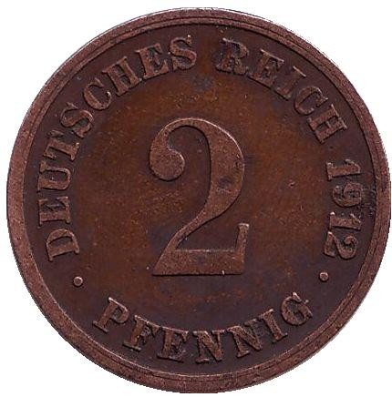Монета 2 пфеннига. 1912 год (G), Германская империя.