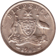 Монета 6 пенсов. 1962 год, Австралия. Состояние - XF. Монета 6 пенсов. 1962 год, Австралия. Состояние - XF.