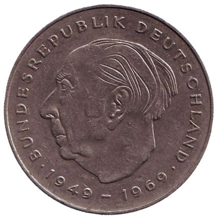 Монета 2 марки. 1987 год (D), ФРГ. Из обращения. Теодор Хойс.