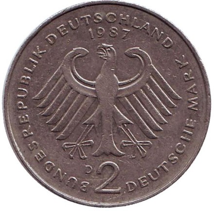 Монета 2 марки. 1987 год (D), ФРГ. Теодор Хойс.