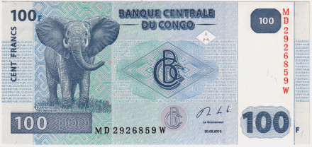 Банкнота 100 франков. 2013 год, Конго. Слон.