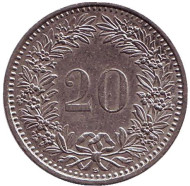 Монета 20 раппенов. 2001 год, Швейцария. Монета 20 раппенов. 2001 год, Швейцария.
