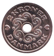 Монета 2 кроны. 2001 год, Дания. BU. Монета 2 кроны. 2001 год, Дания. BU.