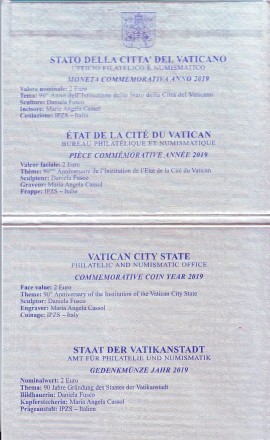 Монета 2 евро. 2019 год, Ватикан. 90 лет со дня основания города-государства Ватикан. Монета 2 евро. 2019 год, Ватикан. 90 лет со дня основания города-государства Ватикан.