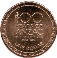 100 лет героям событий ANZAC. Монета 1 доллар. 2017 год, Австралия.