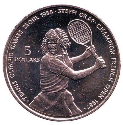 Монета 5 долларов. 1987 год, Ниуэ. XXIV летние Олимпийские Игры в Сеуле.Теннис. Штеффи Граф.
