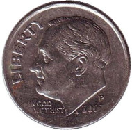 Монета 10 центов. 2007 (P) год, США. Рузвельт. Монета 10 центов. 2007 (P) год, США. Рузвельт.