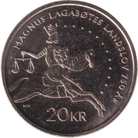 Монета 20 крон. 2024 год, Норвегия. 750 лет Земскому закону Ландслов.