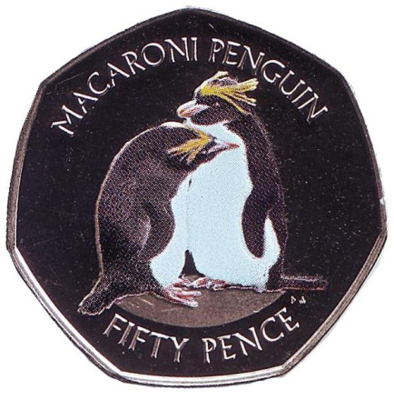 Монета 50 пенсов. 2019 год, Британская антарктическая территория. Золотоволосый пингвин.