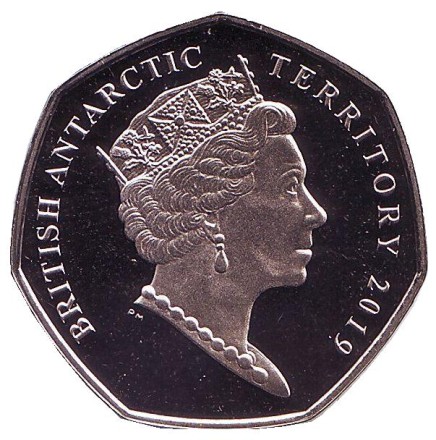 Монета 50 пенсов. 2019 год, Британская антарктическая территория. Золотоволосый пингвин. Монета 50 пенсов. 2019 год, Британская антарктическая территория. Золотоволосый пингвин.