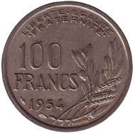 Монета 100 франков. 1954 год, Франция. Монета 100 франков. 1954 год, Франция.