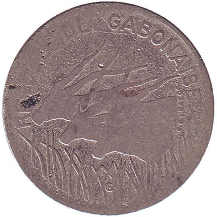 Монета 100 франков. 1977 год, Габон. Африканские антилопы. (Западные канны). Монета 100 франков. 1977 год, Габон. Африканские антилопы. (Западные канны).