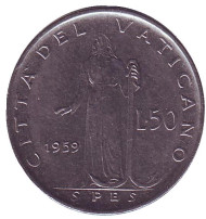 Монета 50 лир. 1959 год, Ватикан. Фигура Надежды с якорем. Монета 50 лир. 1959 год, Ватикан. Фигура Надежды с якорем.