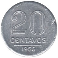 Монета 20 сентаво. 1956 год, Бразилия. Алюминий. Монета 20 сентаво. 1956 год, Бразилия. Алюминий.