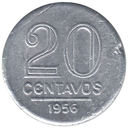 Монета 20 сентаво. 1956 год, Бразилия. Алюминий.