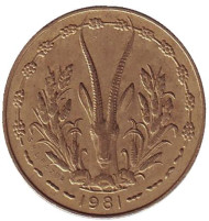 Монета 5 франков. 1981 год, Западные Африканские Штаты. Монета 5 франков. 1981 год, Западные Африканские Штаты.