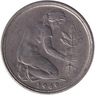 Монета 50 пфеннигов. 1969 (F) год, ФРГ. Женщина, сажающая дуб. Монета 50 пфеннигов. 1969 (F) год, ФРГ. Женщина, сажающая дуб.