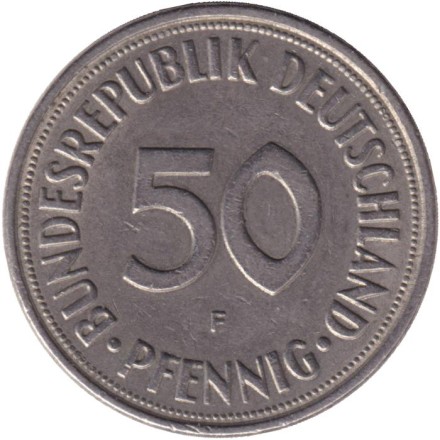 Монета 50 пфеннигов. 1969 (F) год, ФРГ. Женщина, сажающая дуб. Монета 50 пфеннигов. 1969 (F) год, ФРГ. Женщина, сажающая дуб.