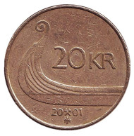 Монета 20 крон. 2001 год, Норвегия. Ладья викингов. Монета 20 крон. 2001 год, Норвегия. Ладья викингов.