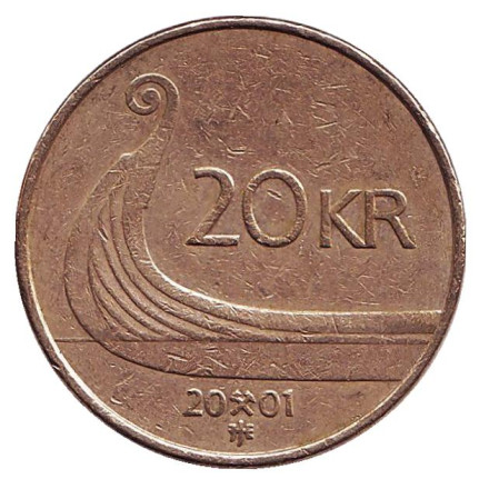 Монета 20 крон. 2001 год, Норвегия. Ладья викингов.