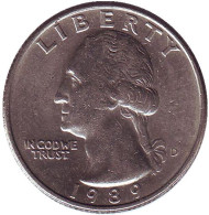 Монета 25 центов. 1989 (D) год, США. Вашингтон. Монета 25 центов. 1989 (D) год, США. Вашингтон.
