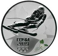 Монета 3 рубля. 2014 год, Россия. (Выпуск 2011 г.) Горные лыжи. "XXII зимние Олимпийские Игры, Сочи 2014". Монета 3 рубля. 2014 год, Россия. (Выпуск 2011 г.) Горные лыжи. "XXII зимние Олимпийские Игры, Сочи 2014".
