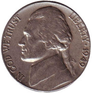 Монета 5 центов. 1949 год, США. Джефферсон. Монтичелло. Монета 5 центов. 1949 год, США. Джефферсон. Монтичелло.
