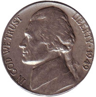 Джефферсон. Монтичелло. Монета 5 центов. 1949 год, США.