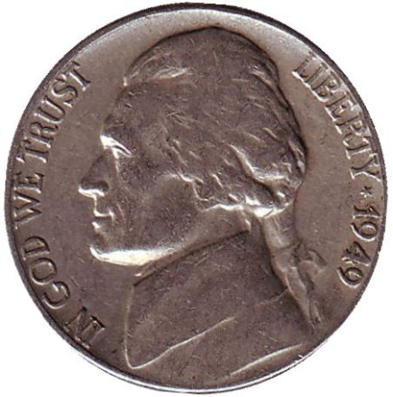 Монета 5 центов. 1949 год, США. Джефферсон. Монтичелло.