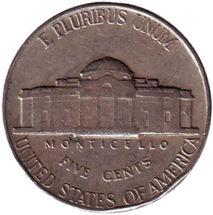 Монета 5 центов. 1949 год, США. Джефферсон. Монтичелло. Монета 5 центов. 1949 год, США. Джефферсон. Монтичелло.