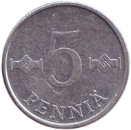 Монета 5 пенни. 1982 год, Финляндия. Монета 5 пенни. 1982 год, Финляндия.